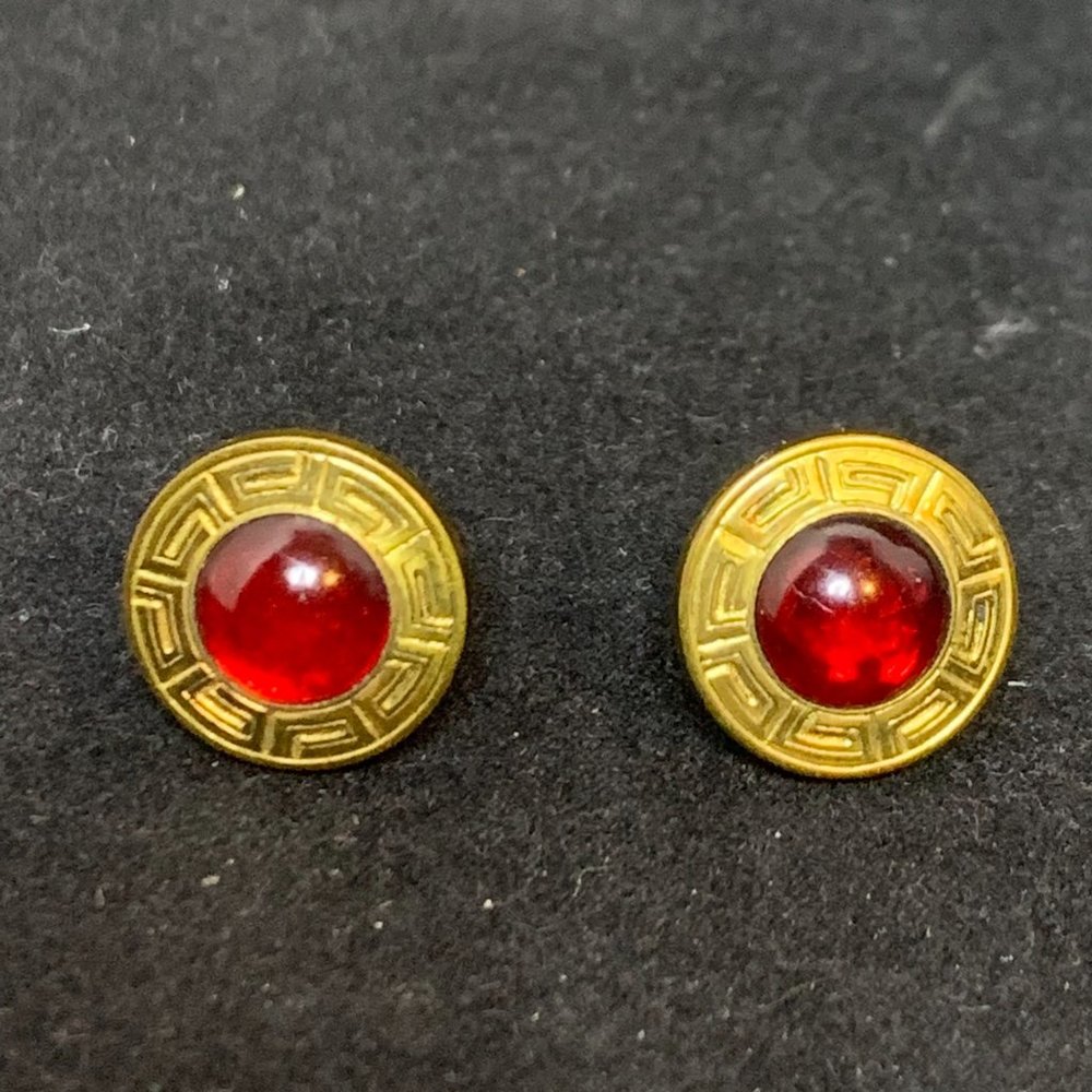 Vintage Tisco Sepa Link Etched Gold Tone Red Stone Cufflinks (2549)